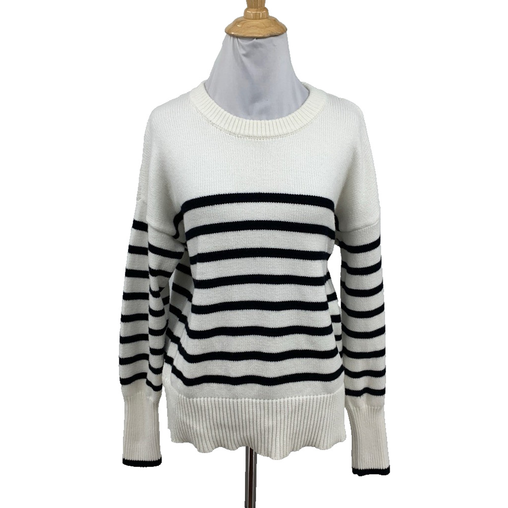 Philosophy Sweater Womens M Medium White Black Knit Striped Crew Neck Pullover